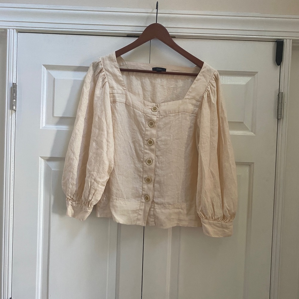 J.Crew Top Women M Cream Linen Square Neck Puff Sleeve Button Down Peasant Boho